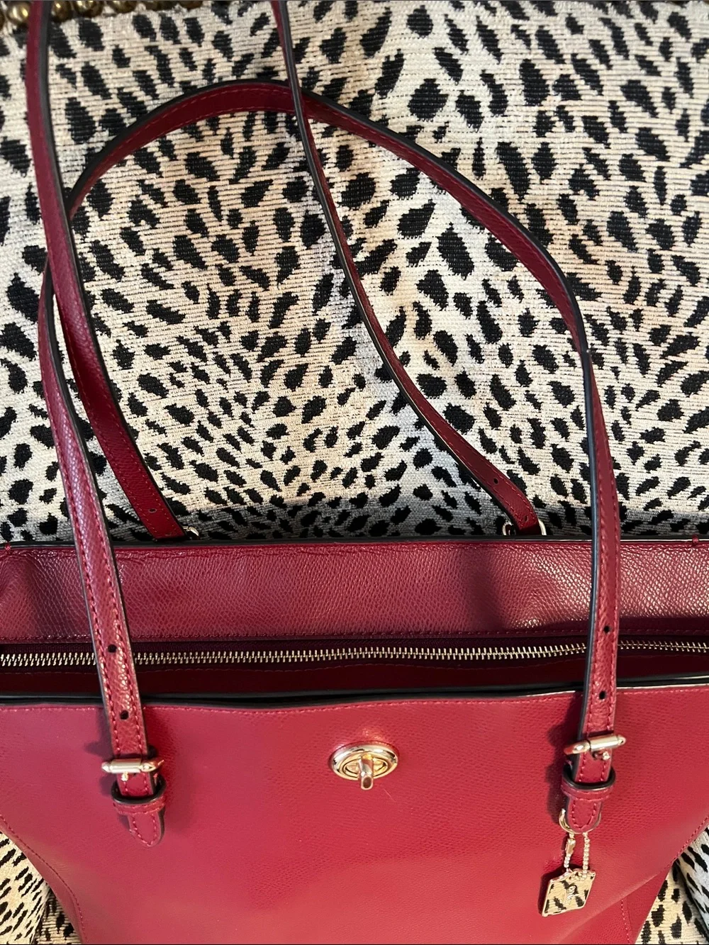Coach Burgundy Leather Tote with Gold-Tone  Turnlock - Cherry Red
